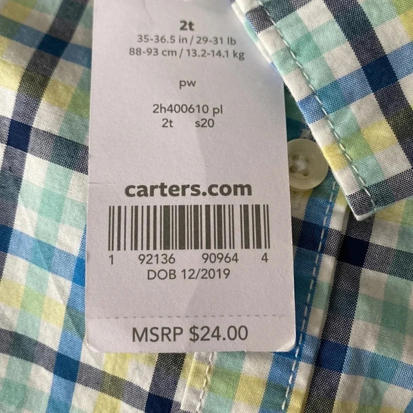 CARTERS NEW NWT BOYS COTTON PLAID TOP DRESS SHIRT EASTER TWINS SIZE 2 2T - Picture 3 of 4